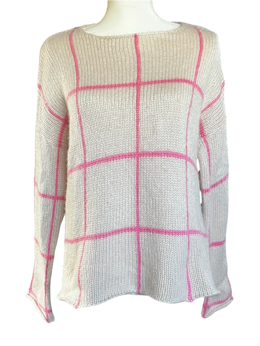 Women's Oversized Mohair Wool Windowpane Sweater Beige and Pink Size XS